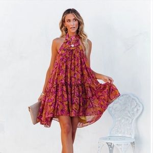 PLUM FLORAL BACKLESS HALTER MINI DRESS